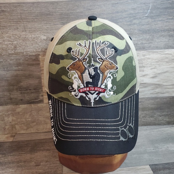 Born to Hunt Camo & Black Adjustable Hat Cap Hunting Deer Camouflage Green - Picture 4 of 11